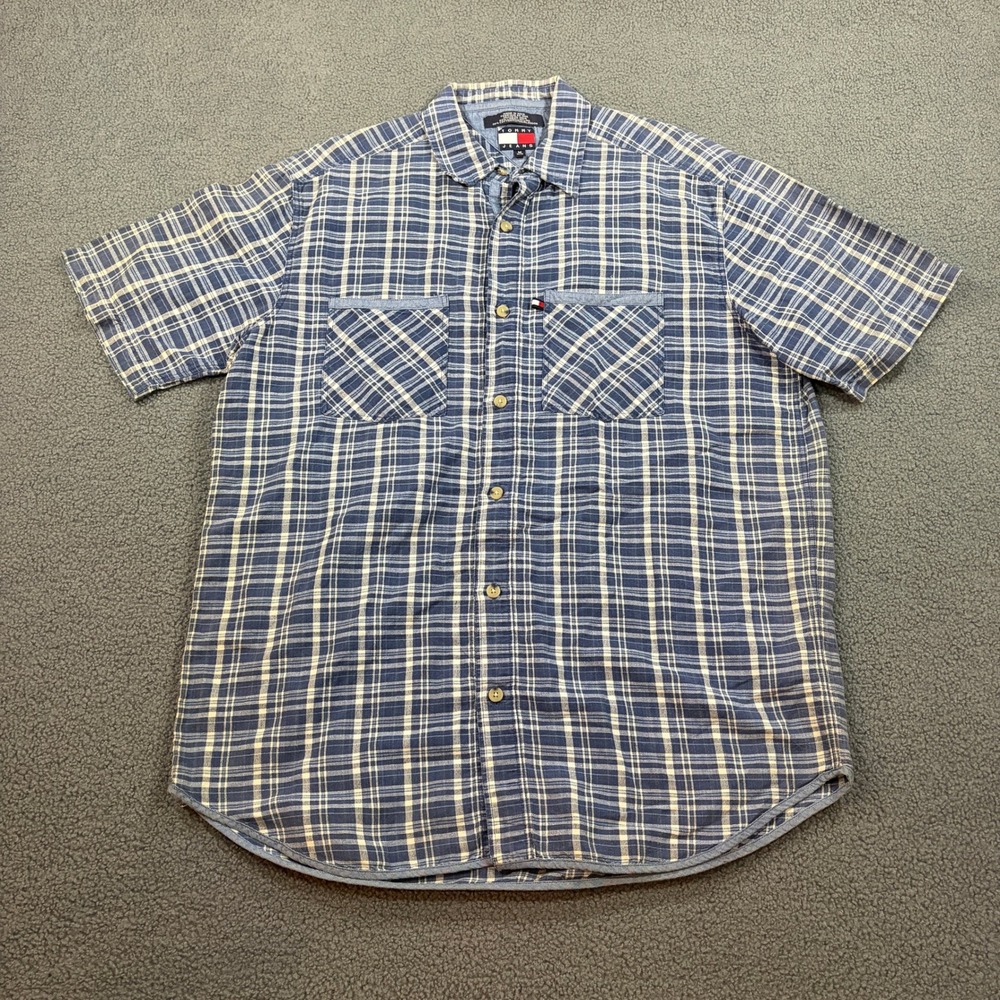 Tommy Jeans Shirt Mens Medium Blue Plaid Short Sleeve Button Up Linen Blend 8644